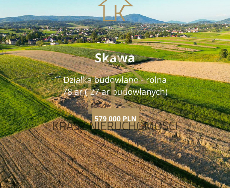 Działka widokowa 70 ar (27 ar budowlanych) -Skawa