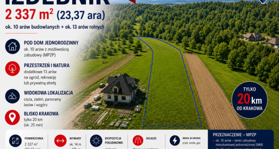 Urocza działka tylko 20min na południe od Krakowa