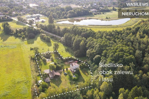 Siedlisko z dwoma domami obok zalewu i lasu